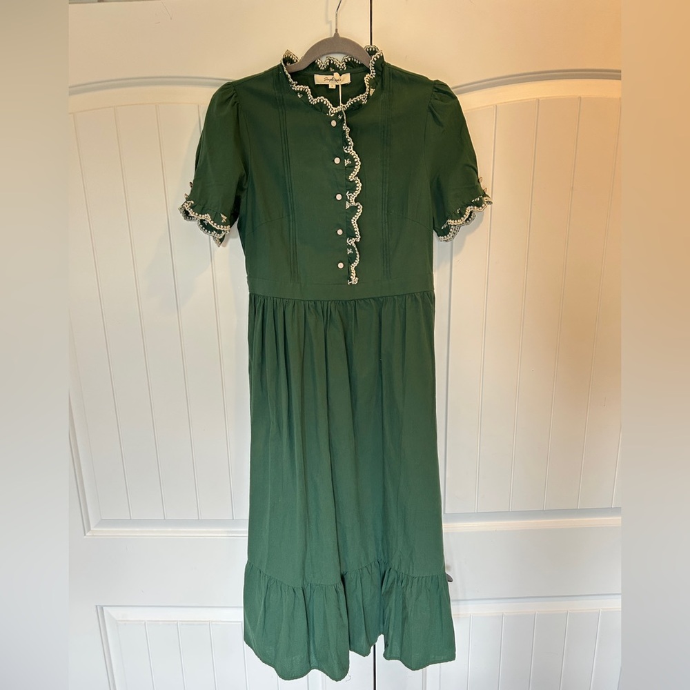 Simple Retro Classic Dark Green Ruffle-Trim Midi Dress
